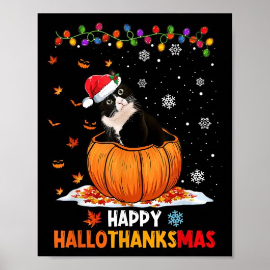 Funny Tuxedo Cat On Pumpkin Happy Hallothanksmas M Poster (Voorkant)