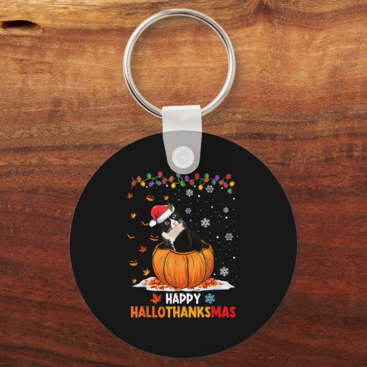 Funny Tuxedo Cat On Pumpkin Happy Hallothanksmas M Sleutelhanger (Voorkant)