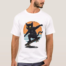 Funny Tuxedo Cat Skateboarder in Sneakers Retro T-shirt