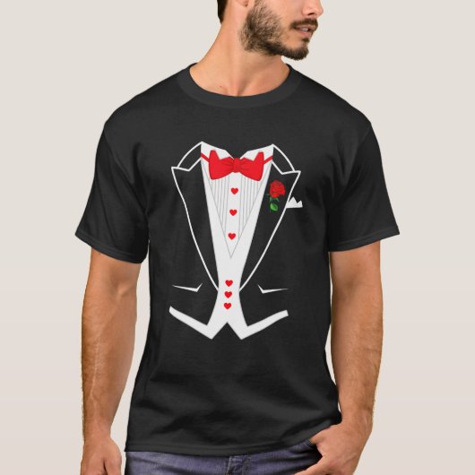 Funny Tuxedo met Red Bowtie Hearts Valentijnsdag T-shirt (Voorkant)