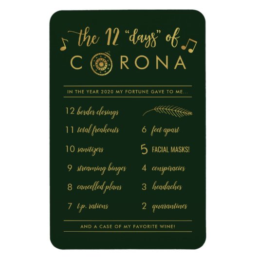 Funny Twelve Days of Corona | Gold Green Holiday Magneet (Verticaal)