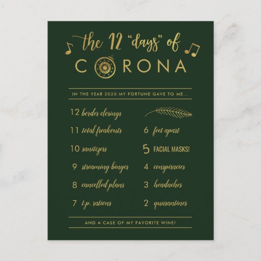 Funny Twelve Days of Corona | Gold Kerstgroen Feestdagenkaart (Voorkant)