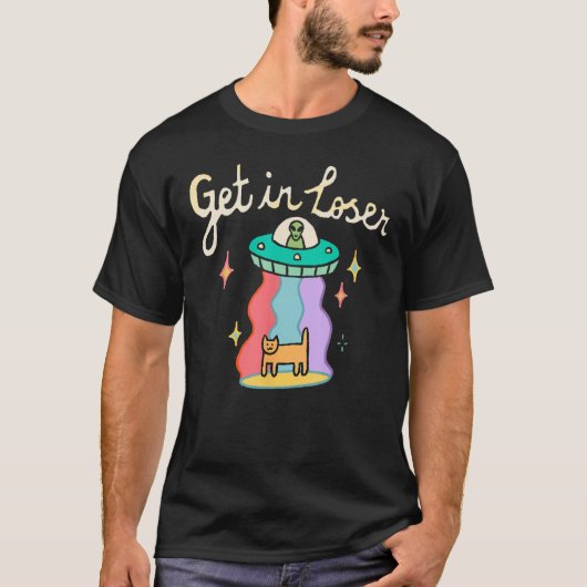 Funny UFO Retro Get in Loser UFO Alien Cat Space L T-shirt (Voorkant)