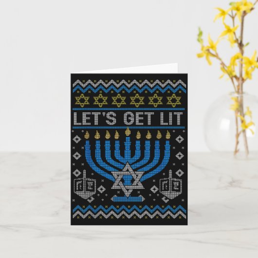 Funny Ugly Hanukkah Sweater Lets Get Lit Menorah J Kaart (Gele Bloem)
