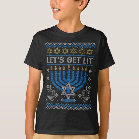 Funny Ugly Hanukkah Sweater Lets Get Lit Menorah J T-shirt (Voorkant)