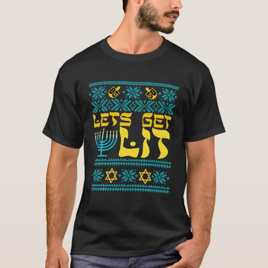 Funny Ugly Hanukkah Sweater Lets get Lit Menorah T-shirt (Voorkant)
