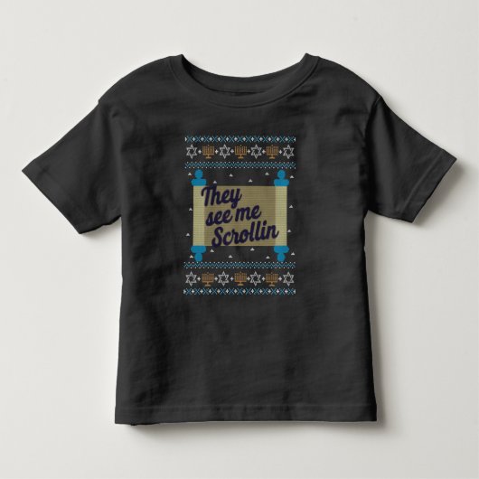Funny Ugly Hanukkah ziet me T-shirt met Scrollin (Voorkant)
