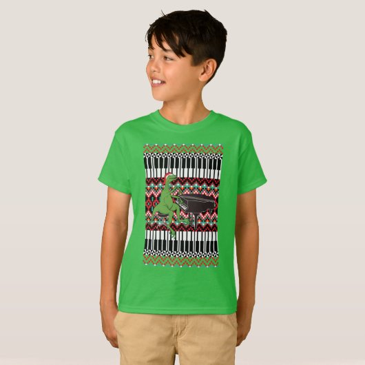 Funny Ugly Kerstmis Dinosaur Piano T-shirt (Voorkant volledig)