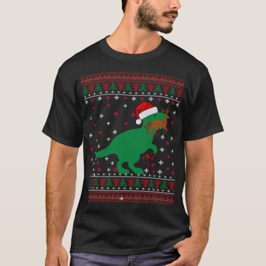 Funny Ugly Kerstmis T Rex Eating Reindeer Sweater T-shirt (Voorkant)
