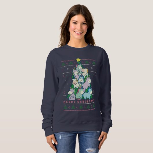 Funny Ugly KerstSweater Cute Unicorn Tree Trui (Voorkant volledig)