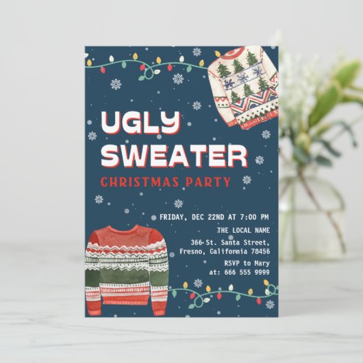 Funny Ugly Sweater Christmas Party Kaart (Staand voorkant)