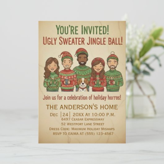 Funny Ugly Sweater Jingle Ball Retro Christmas  Kaart (Staand voorkant)