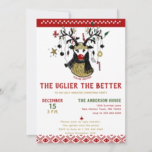 Funny Ugly Sweater Reindeer Nordic Holiday Party Kaart (Voorkant)
