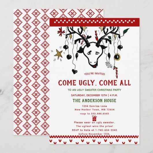 Funny Ugly Sweater Reindeer Nordic Knit Kerstmis Kaart (Voorkant / Achterkant)