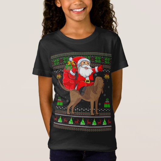 Funny Ugly Xmas Santa Riding Bloodhound Dog Christ T-shirt (Voorkant)