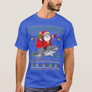 Funny Ugly Xmas Santa Riding Great White Shark Chr T-shirt