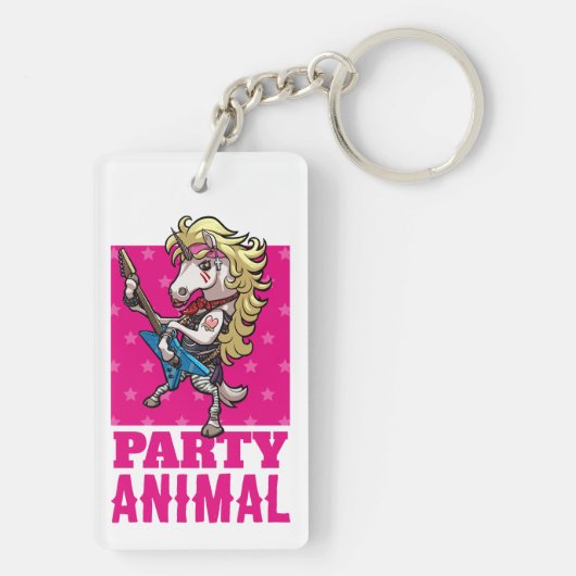 Funny Unicorn Party Animal Glam Rocker Cartoon Sleutelhanger (achterkant)