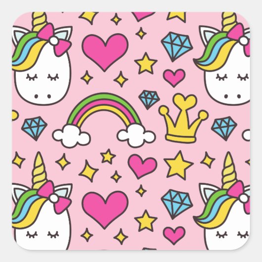 Funny Unicorn Pattern Pink Magic Horse Cute Vierkante Sticker (Voorkant)