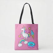 Funny unicorn pooping rainbow sproinkles op donut tote bag (Voorkant)