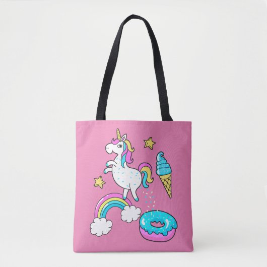 Funny unicorn pooping rainbow sproinkles op donut tote bag (Voorkant)