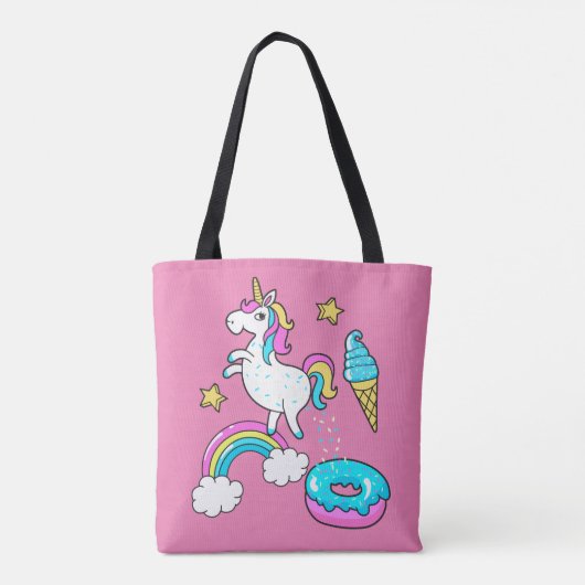 Funny unicorn pooping rainbow sproinkles op donut tote bag (Achterkant)