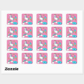 Funny unicorn pooping rainbow sproinkles op donut vierkante sticker (Vel)