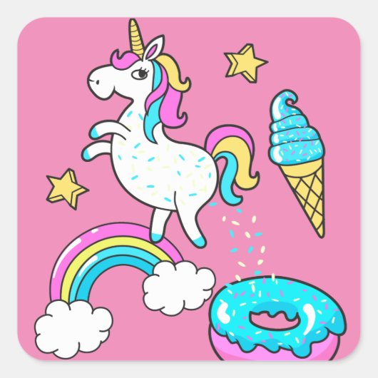 Funny unicorn pooping rainbow sproinkles op donut vierkante sticker (Voorkant)