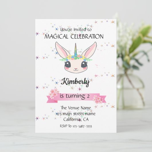 Funny Unicorn Rabbit Birthday Invitations Kaart (Staand voorkant)