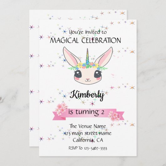 Funny Unicorn Rabbit Birthday Invitations Kaart (Voorkant / Achterkant)