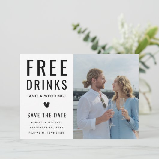 Funny Unique Free Drink Qr Code Photo Wedding Save The Date (Staand voorkant)
