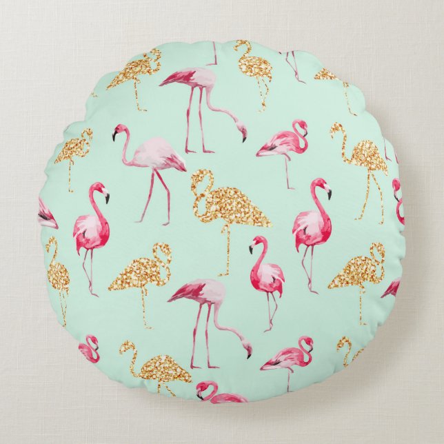Funny Unique Girly Pink and Gold Funky Flamingo Rond Kussen (Voorkant)