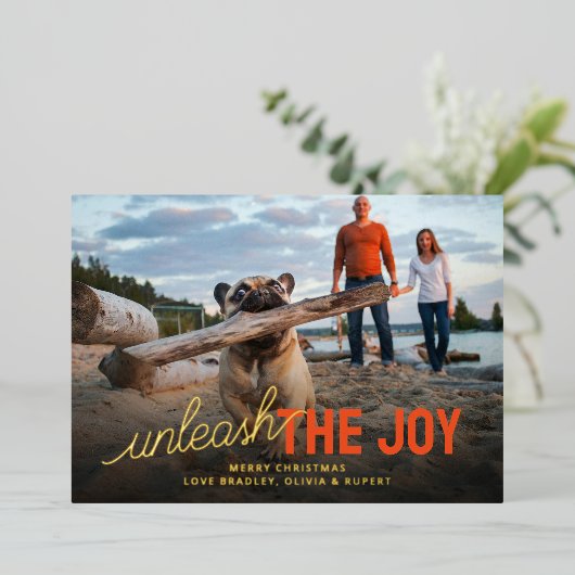 Funny Unleash The Joy Pet Christmas Folie Feestdagenkaart (Staand Voorkant)