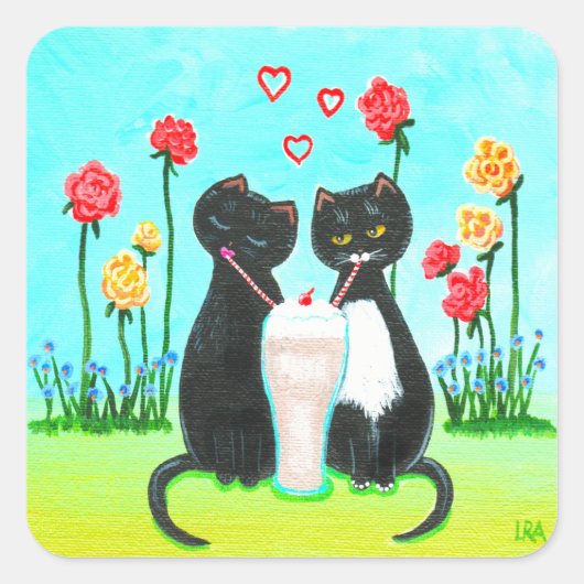 Funny Valentijn Cats Creationarts Vierkante Sticker (Voorkant)