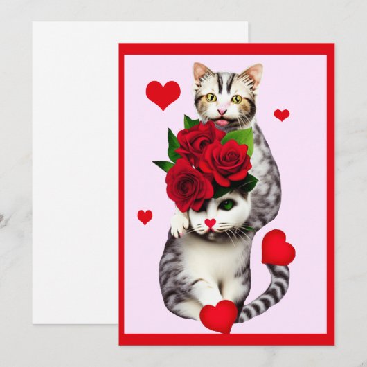 Funny Valentijn Katten met rode rozen Feestdagenkaart (Voorkant / Achterkant)