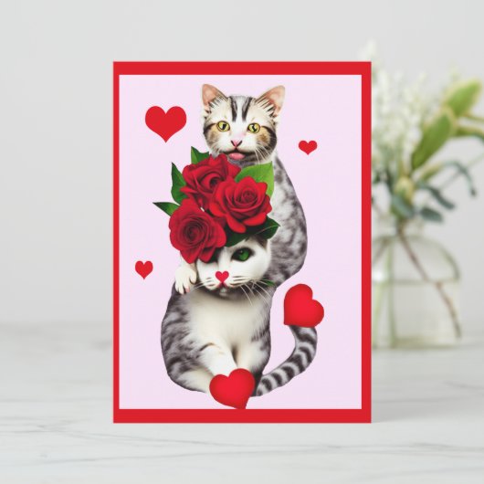 Funny Valentijn Katten met rode rozen Feestdagenkaart (Staand voorkant)