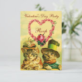 FUNNY VALENTIJNSDAG CATS, PINK ROSE HEART RSVP KAART (Staand voorkant)