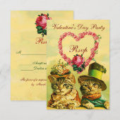 FUNNY VALENTIJNSDAG CATS, PINK ROSE HEART RSVP KAART (Voorkant / Achterkant)