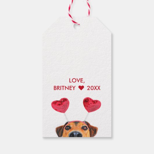 Funny Valentijnsdag Cute Dog Heart Headband Cadeaulabel (Achterkant)