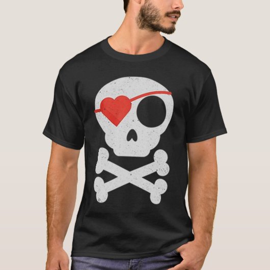 Funny Valentijnsdag Heart Pirate Skull & Botten T-shirt (Voorkant)