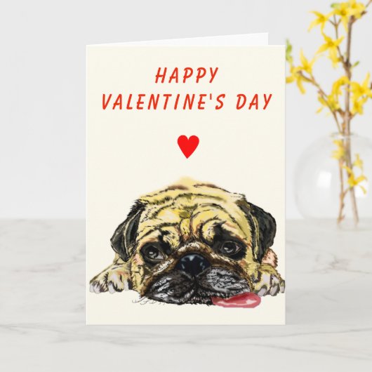 Funny Valentijnsdag Kaart met Pug Dog (Gele Bloem)