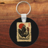 Funny Vintage Raccoon Rooster Chicken Japanese Uki Sleutelhanger (Voorkant)