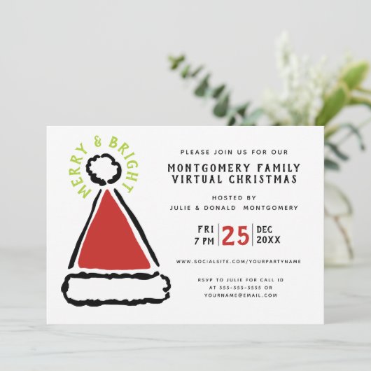 Funny Virtual Kerstparty Red Santa Hat Kaart (Staand voorkant)