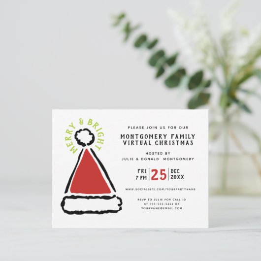 Funny Virtual Kerstparty Red Santa Hat Uitnodiging Briefkaart (Staand voorkant)