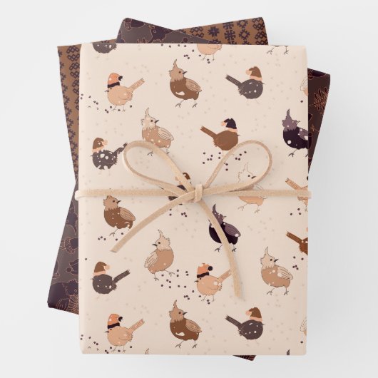 Funny-vogels met petten en kerstversieringen op inpakpapier vel (In situ)