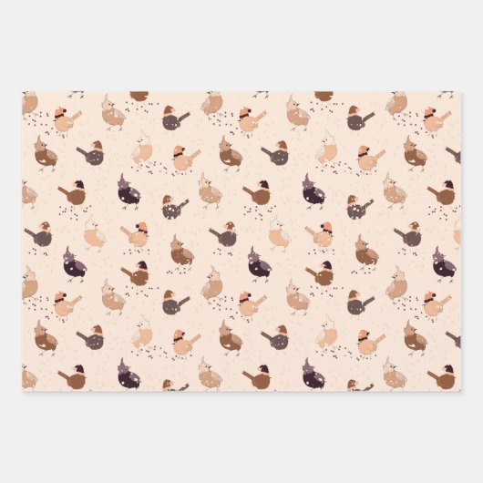 Funny-vogels met petten en kerstversieringen op inpakpapier vel (Voorkant)