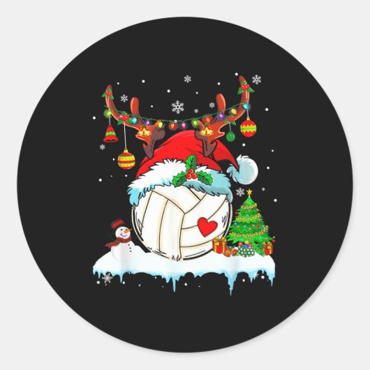 Funny Volleyball Christmas Reindeer Santa Hat Ligh Ronde Sticker (Voorkant)