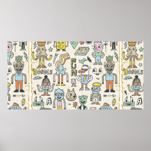 Funny Wacky Doodle Characters set 2. tekst Poster