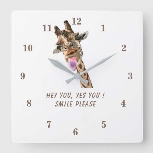 Funny Wall Clock Playful Giraffe Smile - Jouw teks Vierkante Klok (Voorkant)