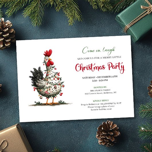 Funny Watercolor Chicken Festive Christmas Invite Kaart