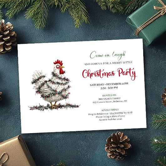 Funny Watercolor Chicken Red Green Holiday Invite Kaart